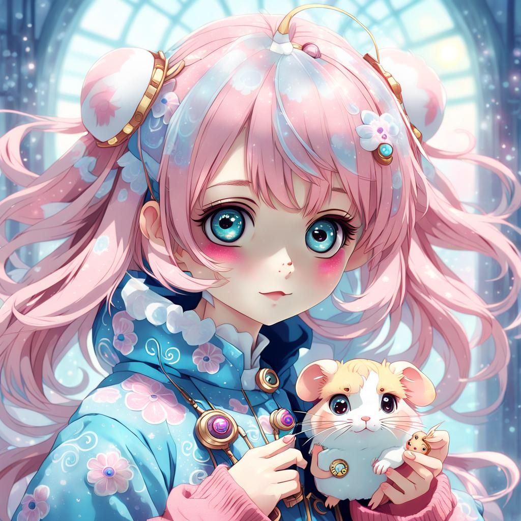 Anime Girl with Hamster Features in Pastel Colors