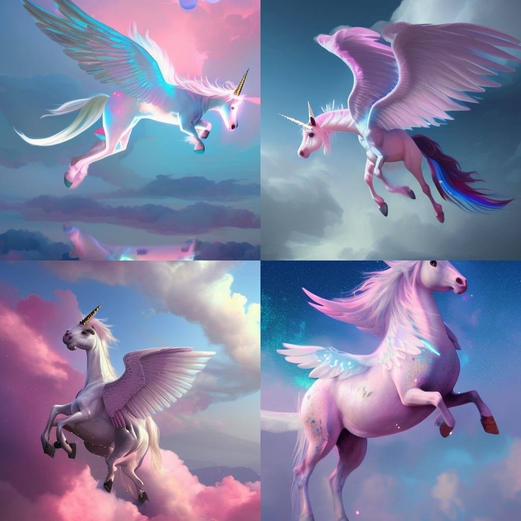 Winged Unicorn Leaps on Pink Clouds, Digital Art