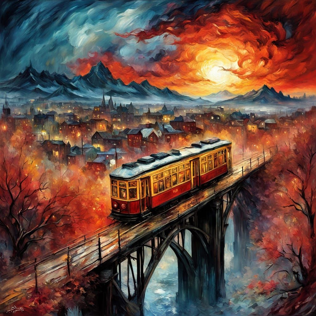 Majestic Winter Landscape with Trams on Bridge