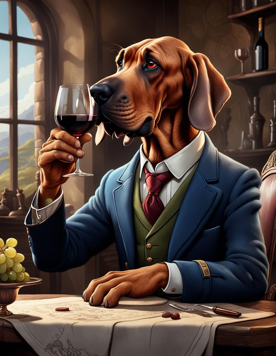 Bloodhound Sommelier Cartoon Nosing Wine