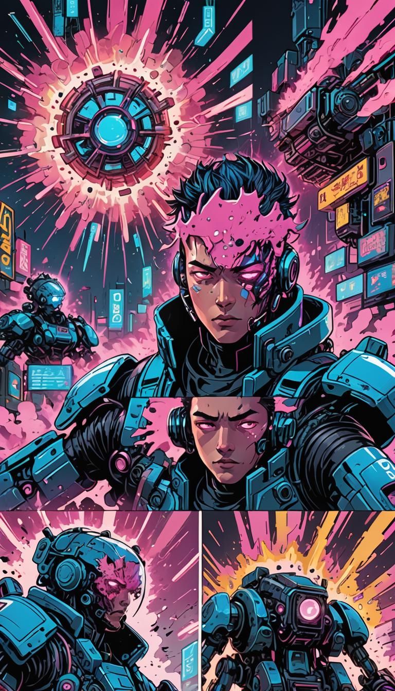 Exploding Mind in Cyberpunk Comic Book Page