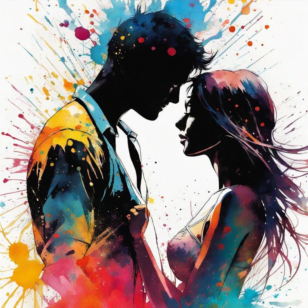 Passionate Lovers Embrace in Watercolour Splash Art