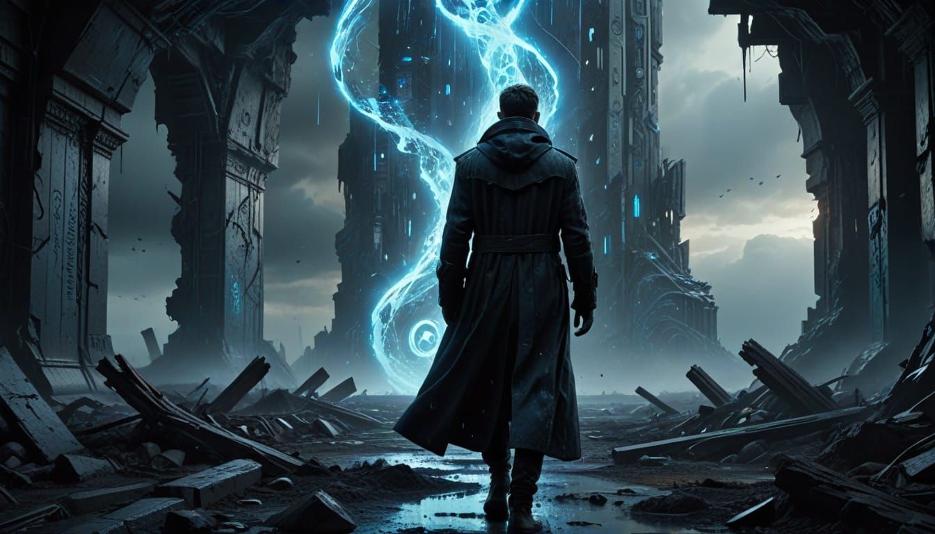 Surreal Futuristic Explorer in a Desolate, Portal-Ridden Was...