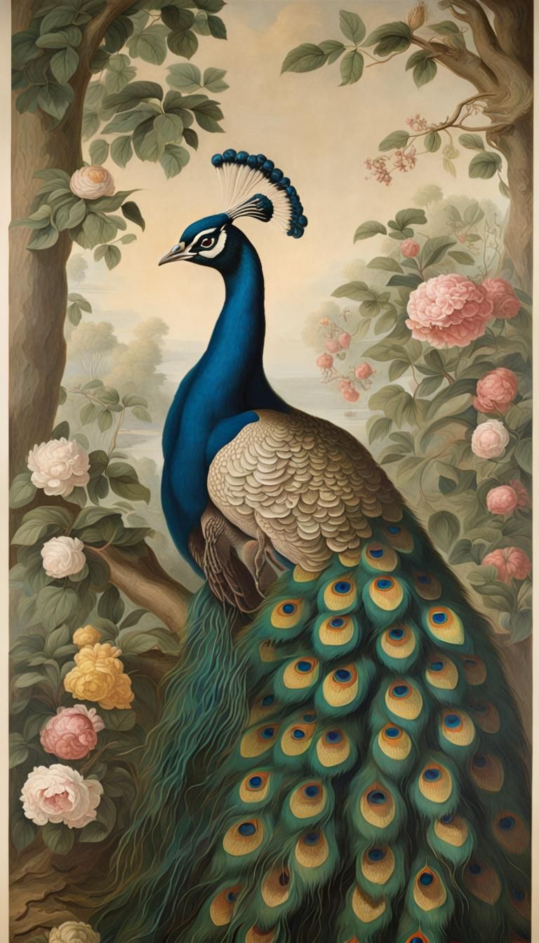 A peacock mural in the style of Audubon