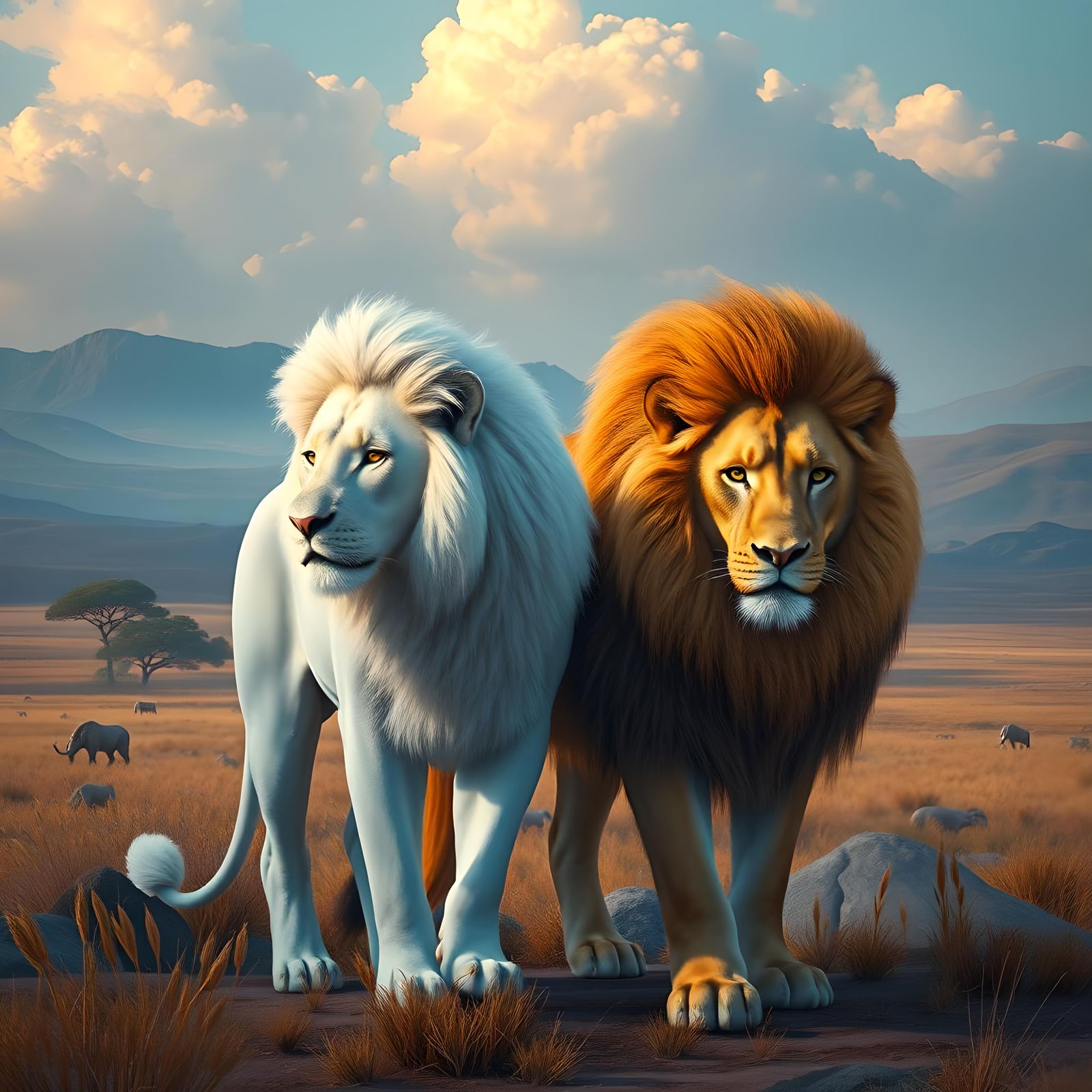 Orange Lion and White Lion Fantasy Concept Art