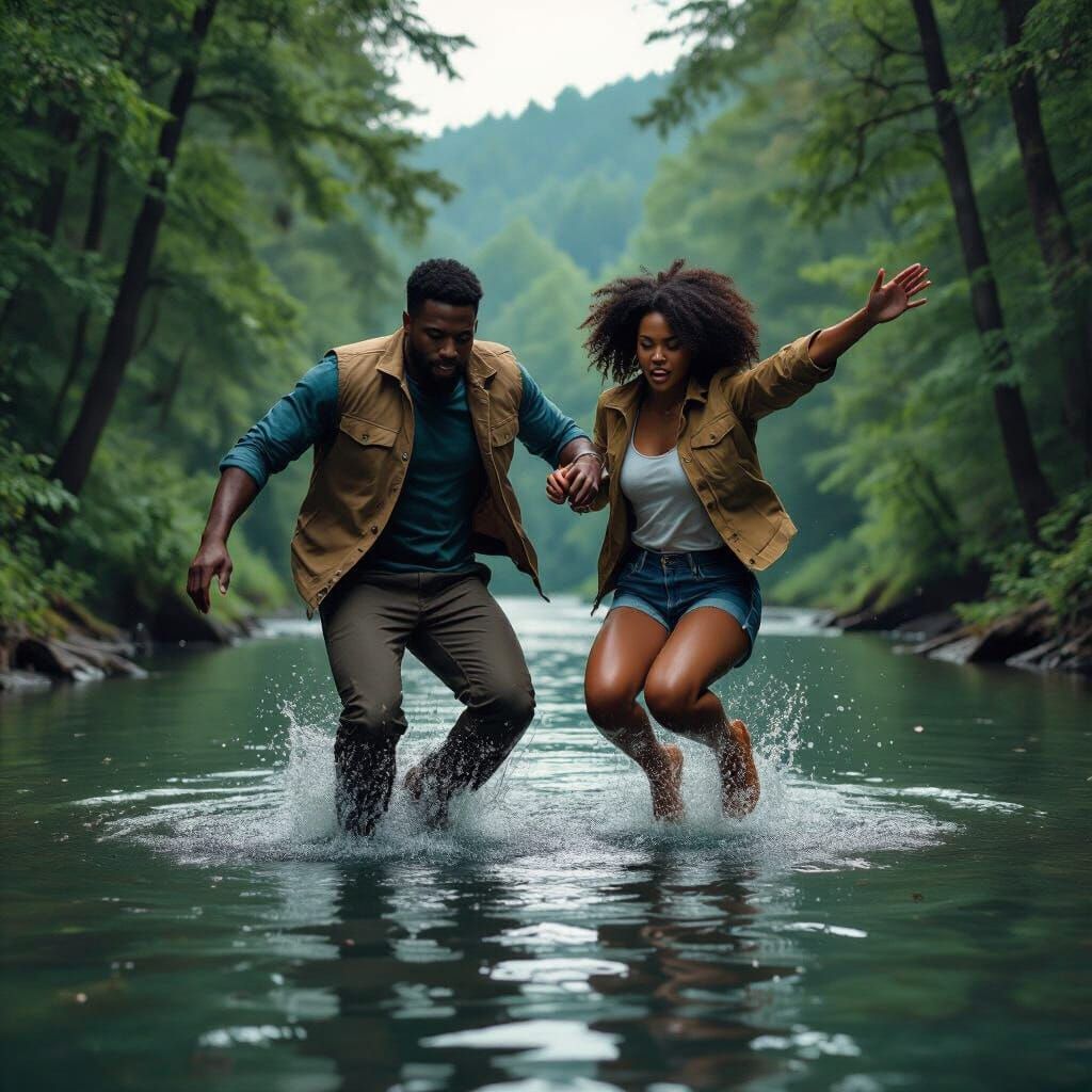 People Jumping Into River in Photorealistic Style