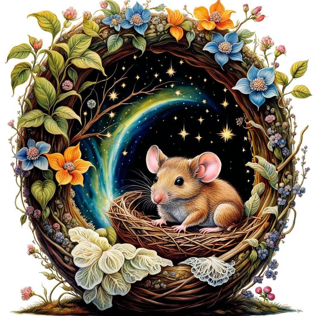 Cute Mouse in Nest with Space Portal, Watercolor Painting