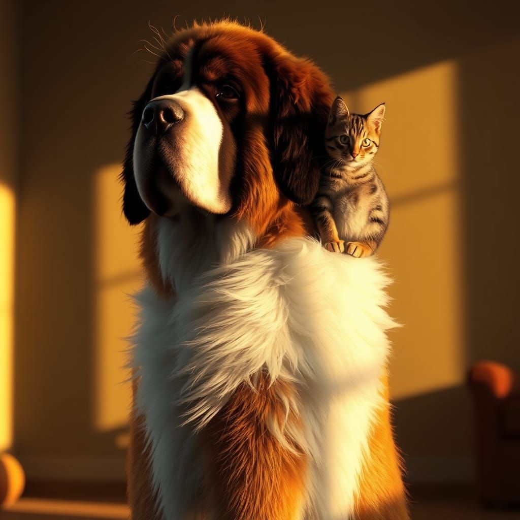 St Bernard and Tabby Cat Digital Rendering