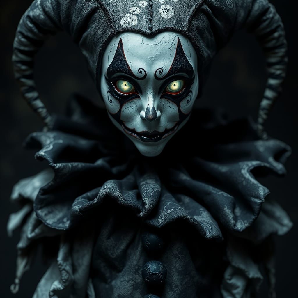 Haunting Pierrot Jester with Glowing Eyes in Dark Fantasy