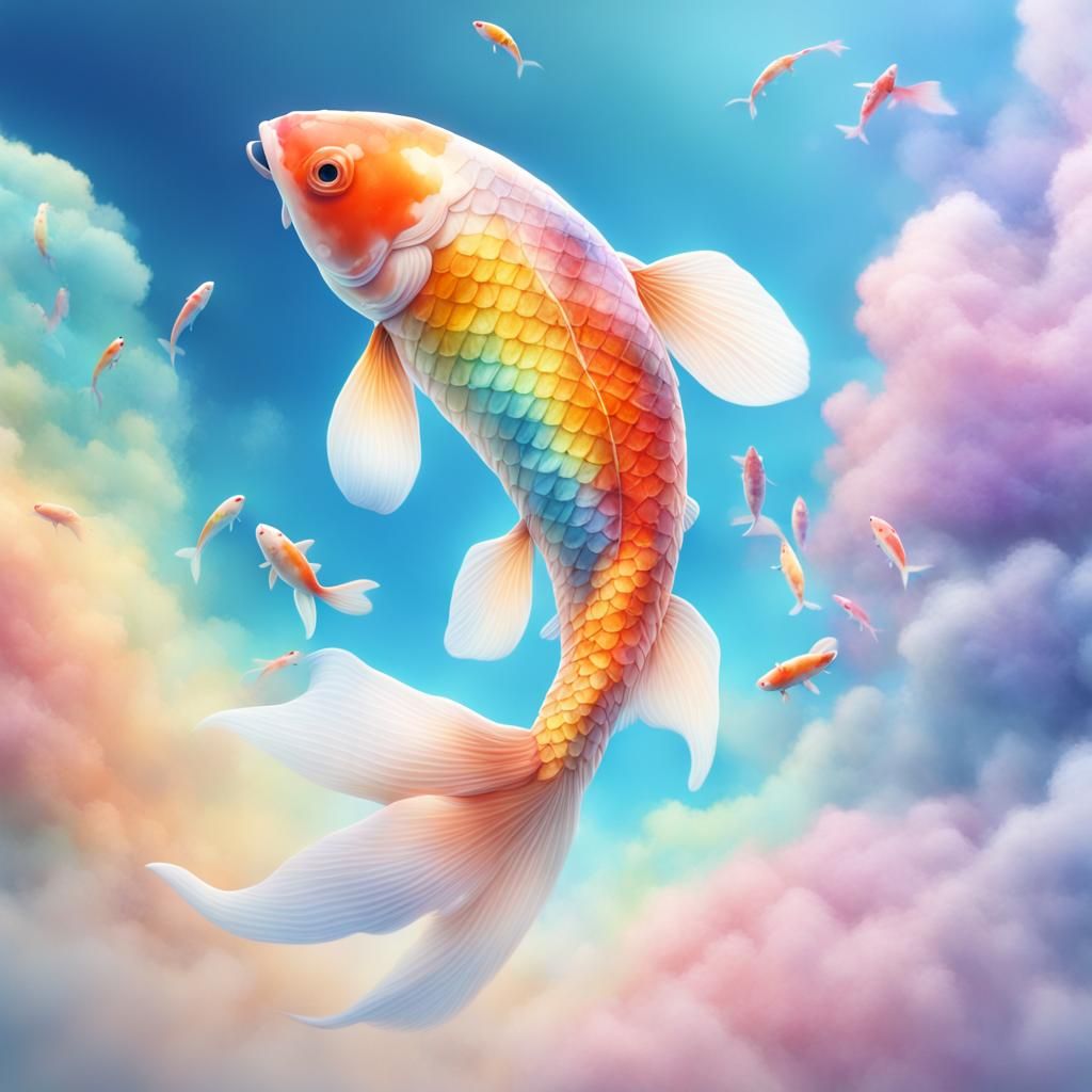 Rainbow Koi Fish Flying Through Pastel Clouds