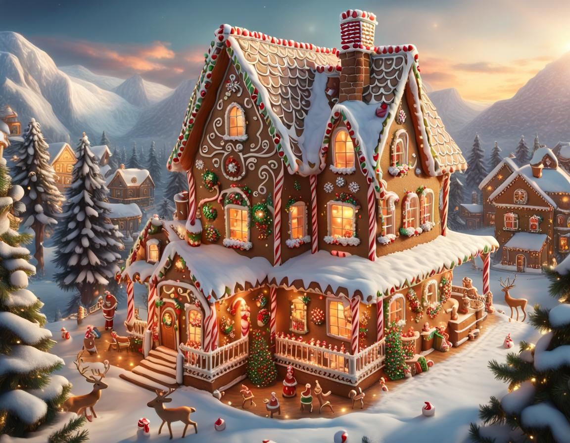 Santa Claus Flying Over Gingerbread House