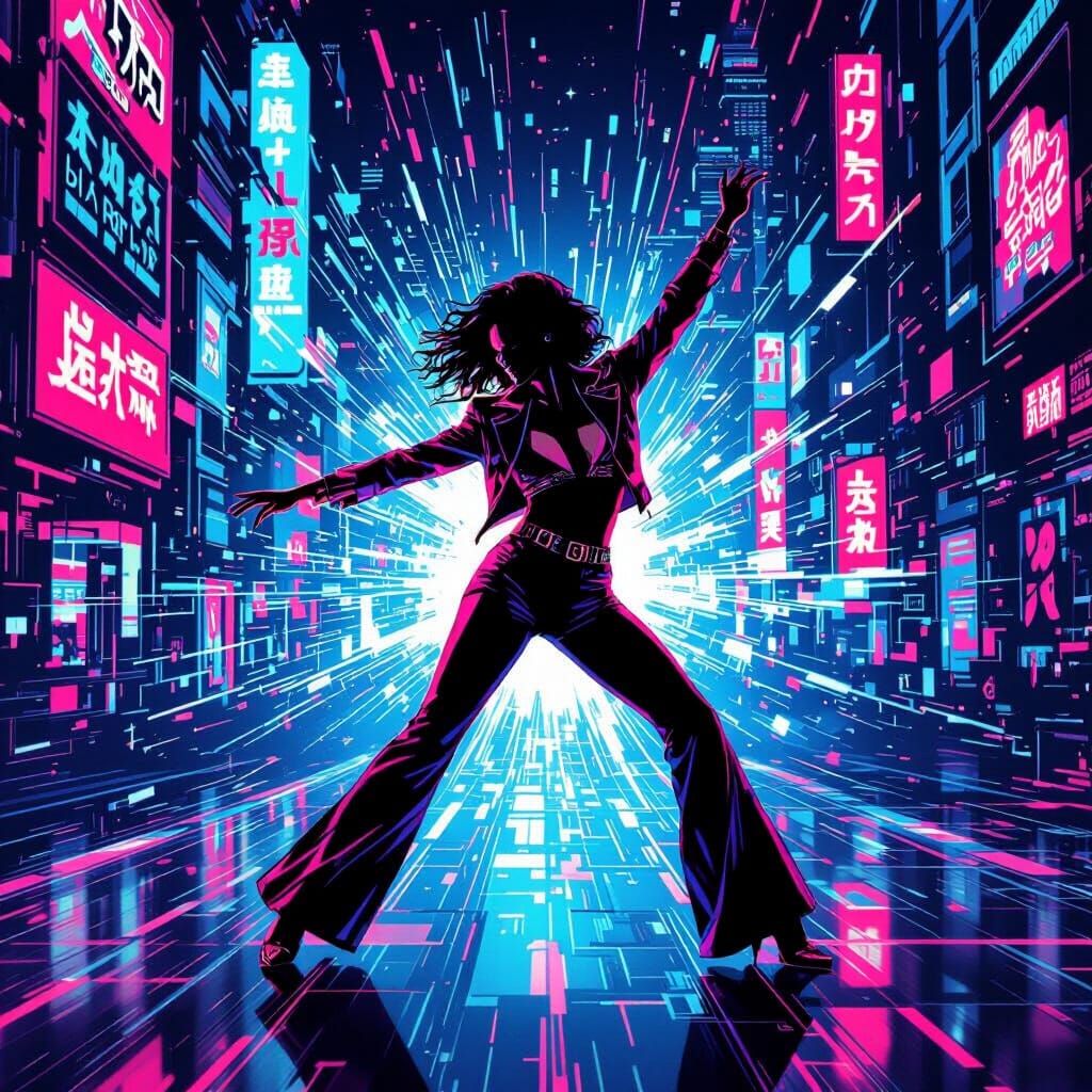 Disco Dancer in Futuristic Neon City Pop Art Style