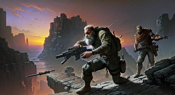 Sci-Fi Ranger Attacks Enemy in Rocks, Dark Fantasy Art