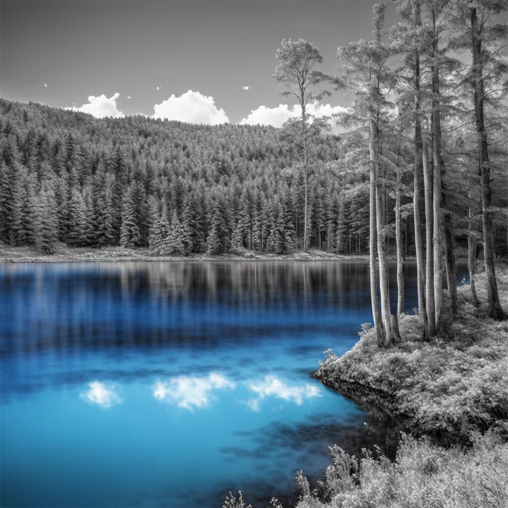 Vibrant Blue Lake Landscape in Selective Coloring