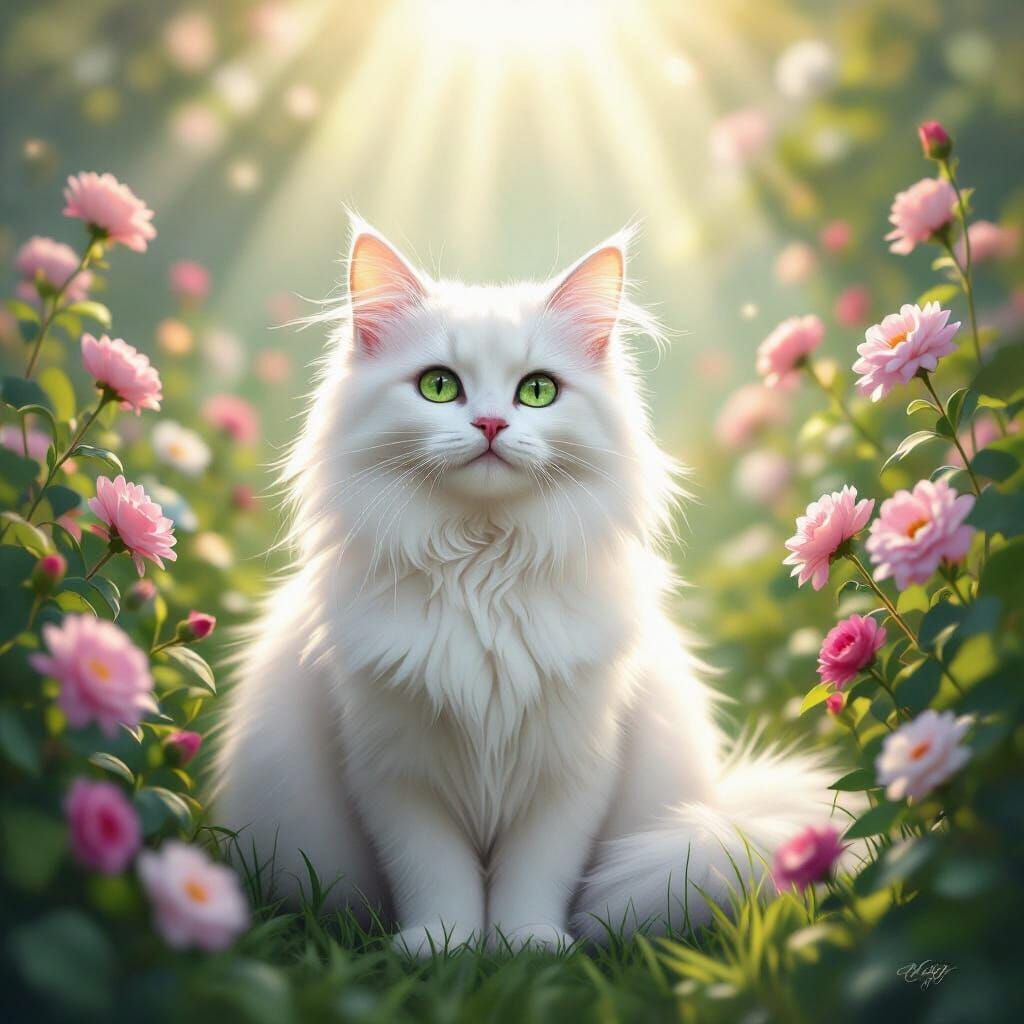 Fluffy White Cat in Blooming Garden with Divine Light