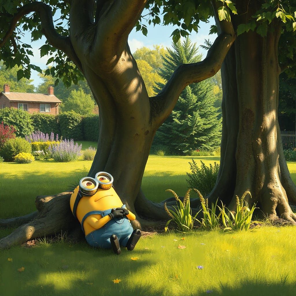 Minion Resting in Garden: A Realistic Painting