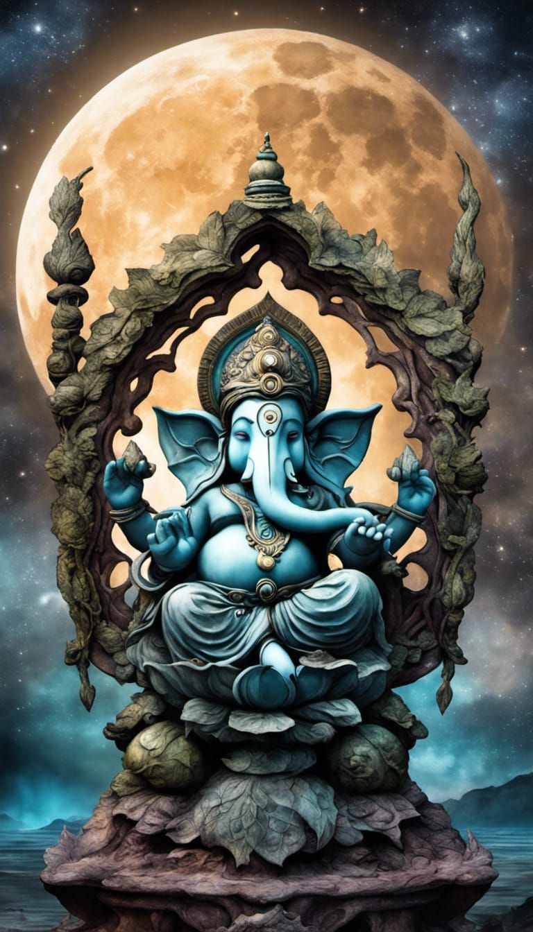 Intricately Carved Ganesha Shrine Under Moon