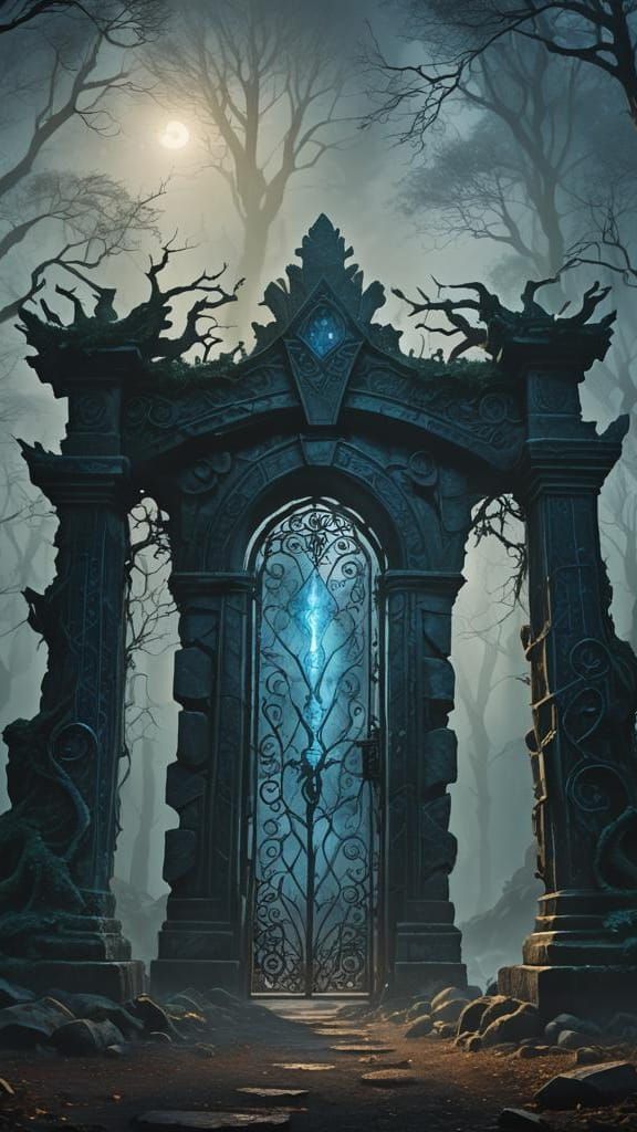 Enchanted Crystal Gate in Dark Forest