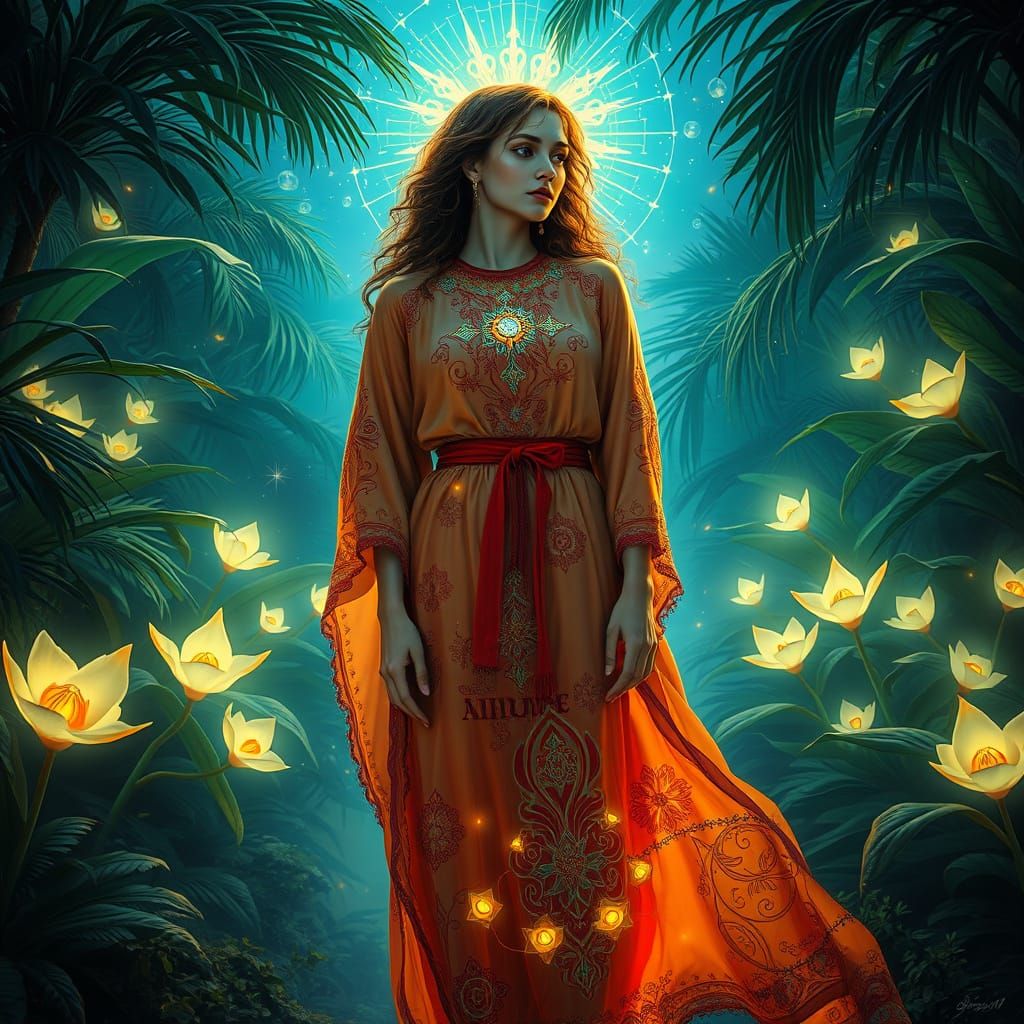 Ethereal Goddess in Cosmic Tropical Oasis