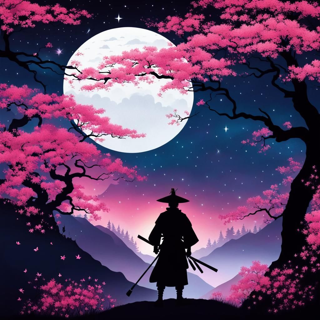 Samurai Silhouette Amidst Sakura Dreamscape