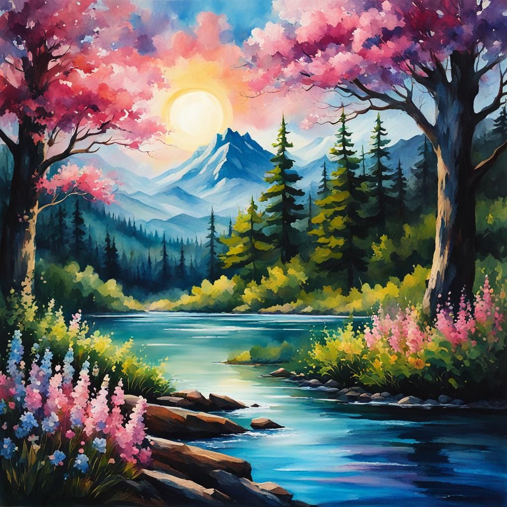 Enchanting Forest Scene with Blue Flowers in Watercolor