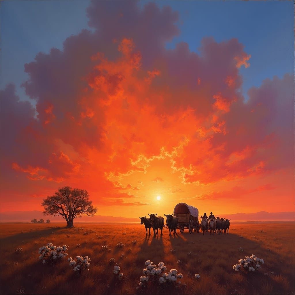Pioneer Wagons Under Epic Sunset Sky