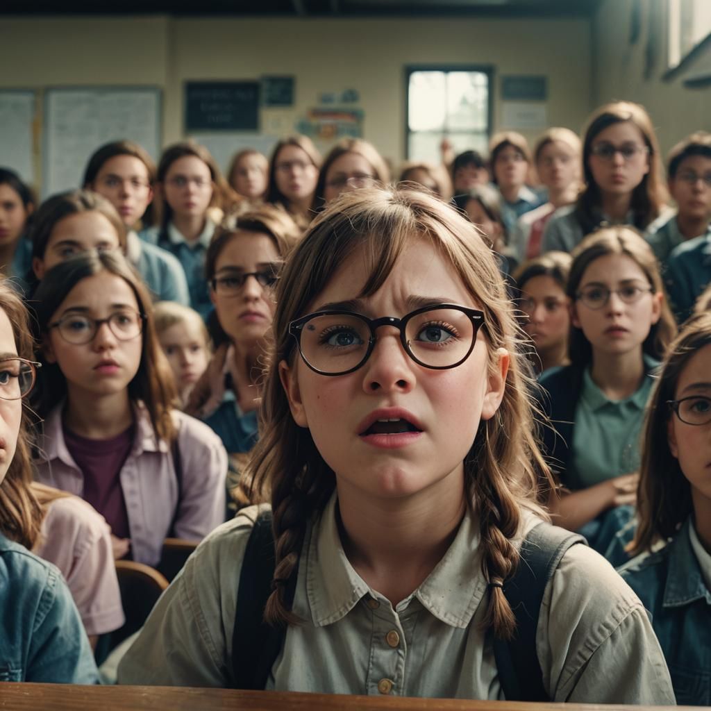Little Girl with Glasses Bullied: Cinematic Film Still