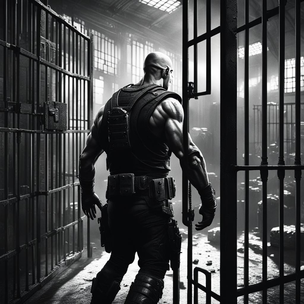 Riddick Sneaking Around in Jail, Black and White