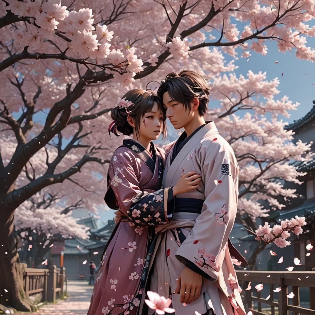 Crying Figure Under Sakura Tree: 3D Anime Art