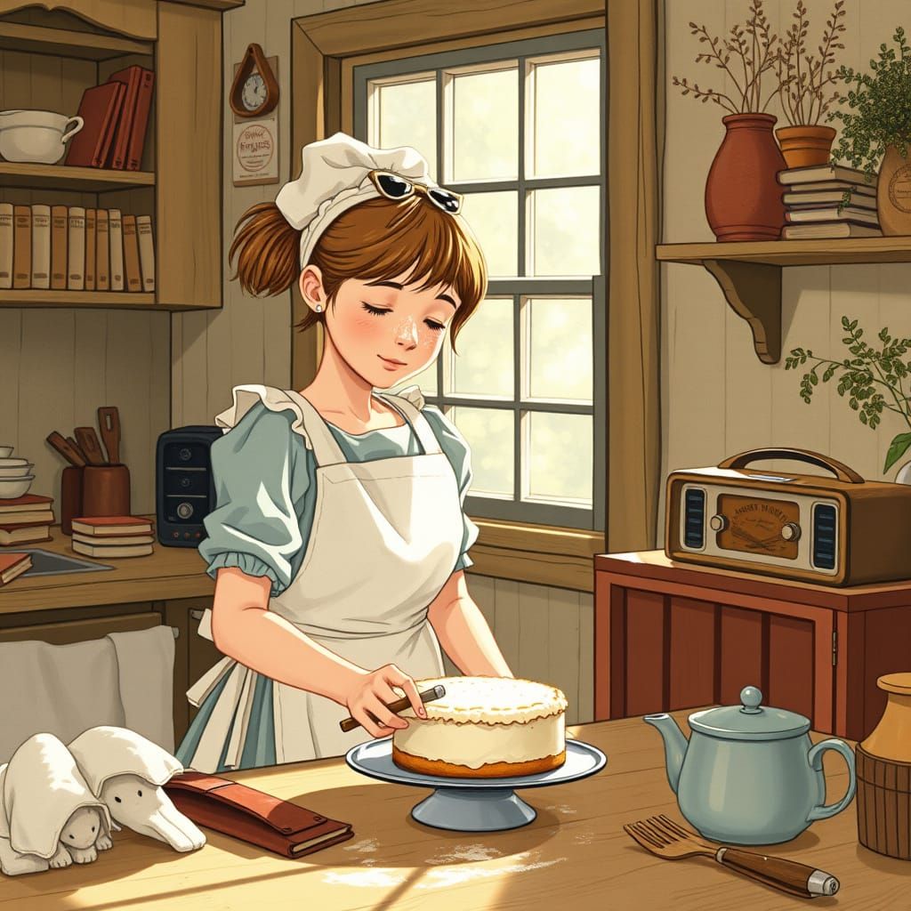 Whimsical Baker Icing Cake in Cozy Kitchen