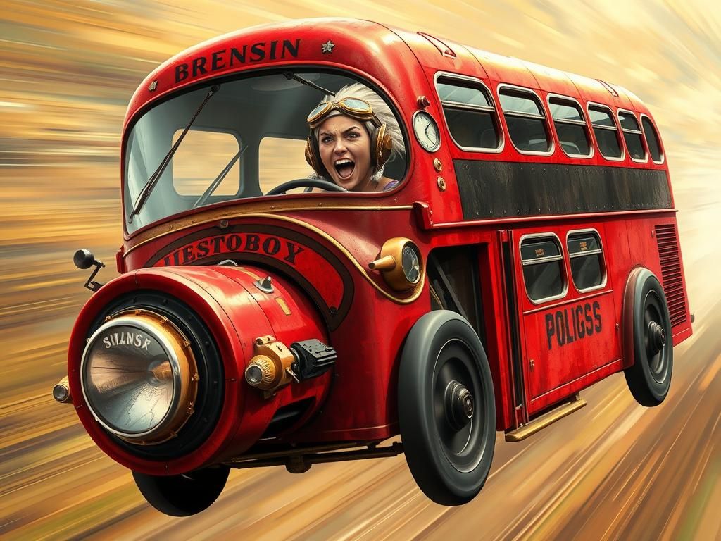 Steampunk Flying Bus with Pilot in Aged Red