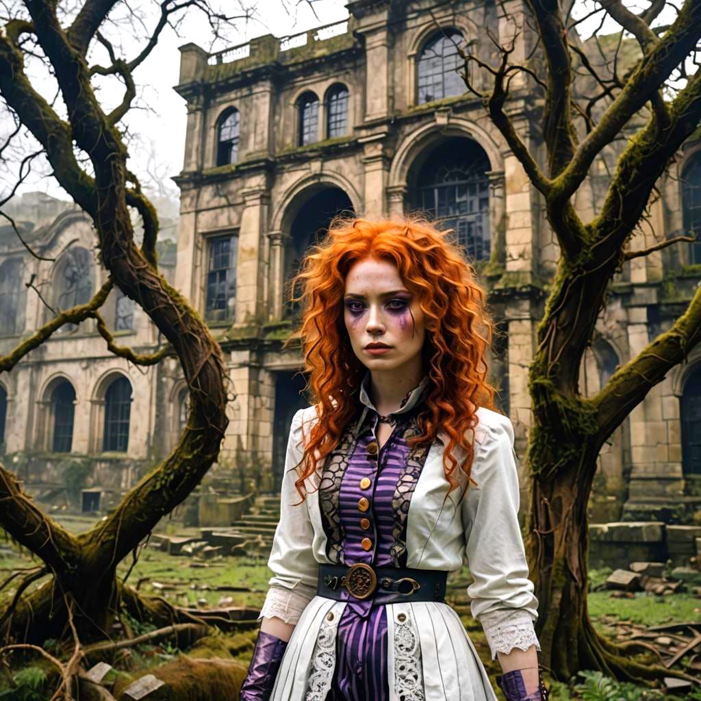 Steampunk Girl with Orange Hair Drinks Tea