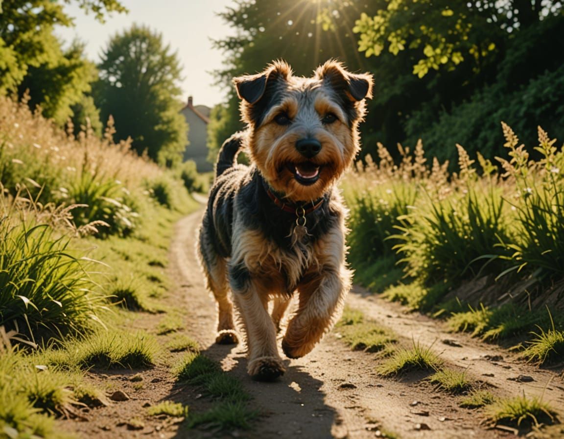 Happy Mongrel Terrier Trotting Along Sunny Lane