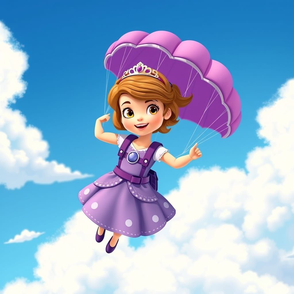 Princess Sofia Skydiving with Purple Parachute, Digital Art
