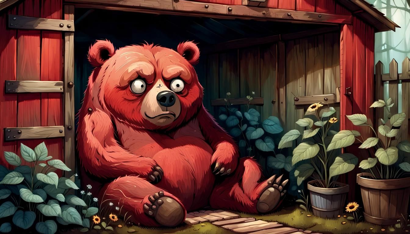 Grumpy Bear in Cozy Garden Shed, Storybook Illustration
