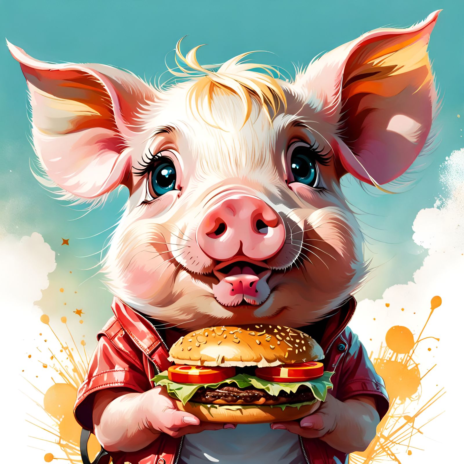 Adorable Pig with Hamburger: Digital Art Portrait