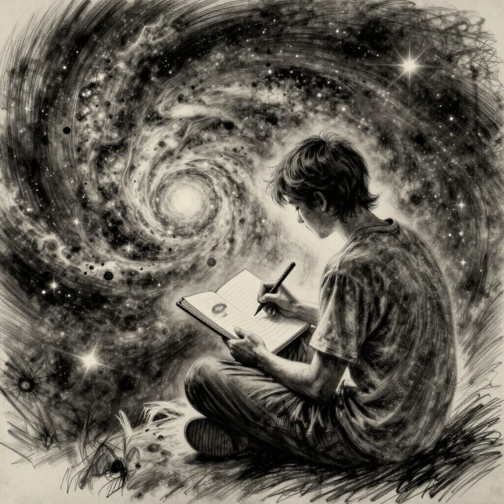 Cosmic Creator Sketching Galaxies in Charcoal Style