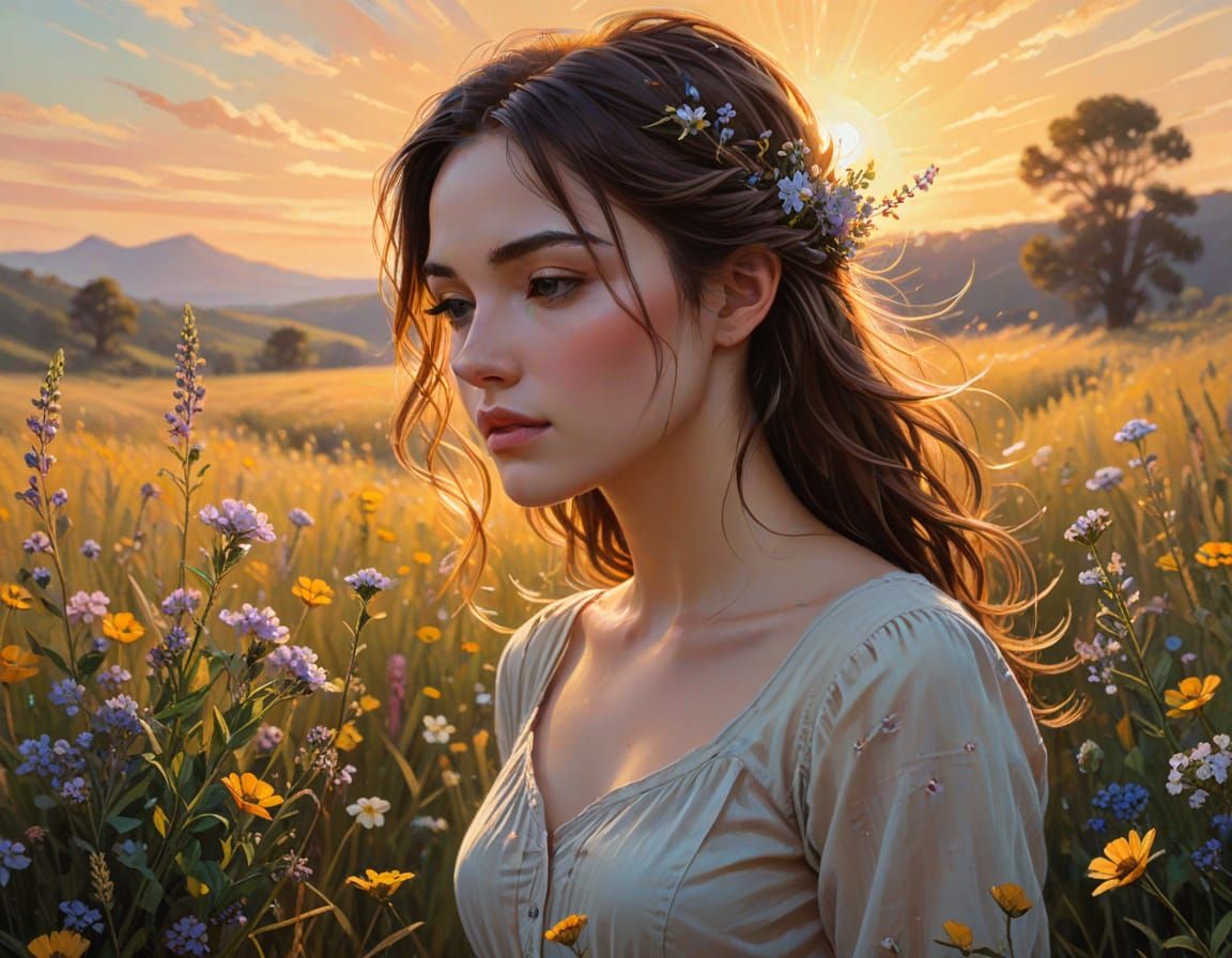 Woman in Wildflowers: Impressionist Oil Painting