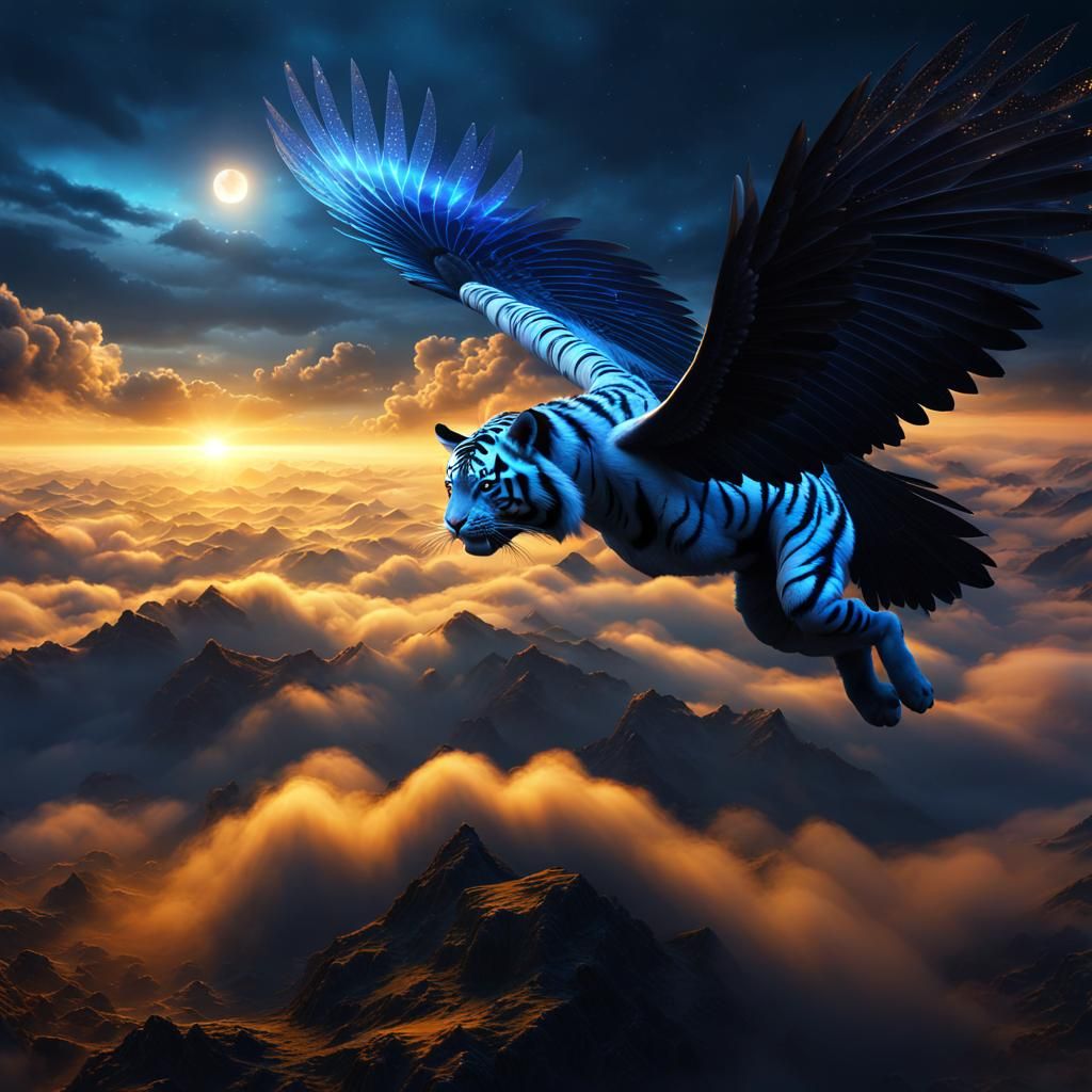 Mystical Blue Tiger Flying at Sunset