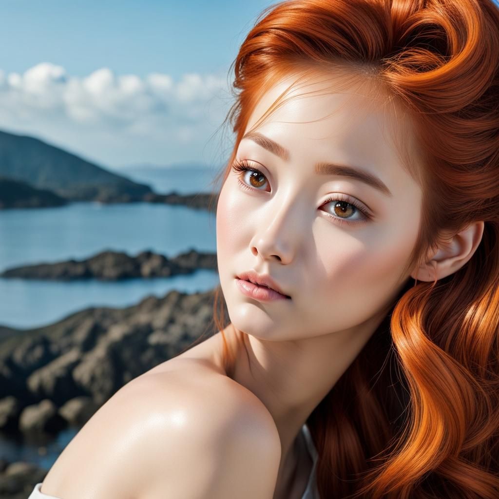 Stunning Korean Woman with Red Hair Portrait