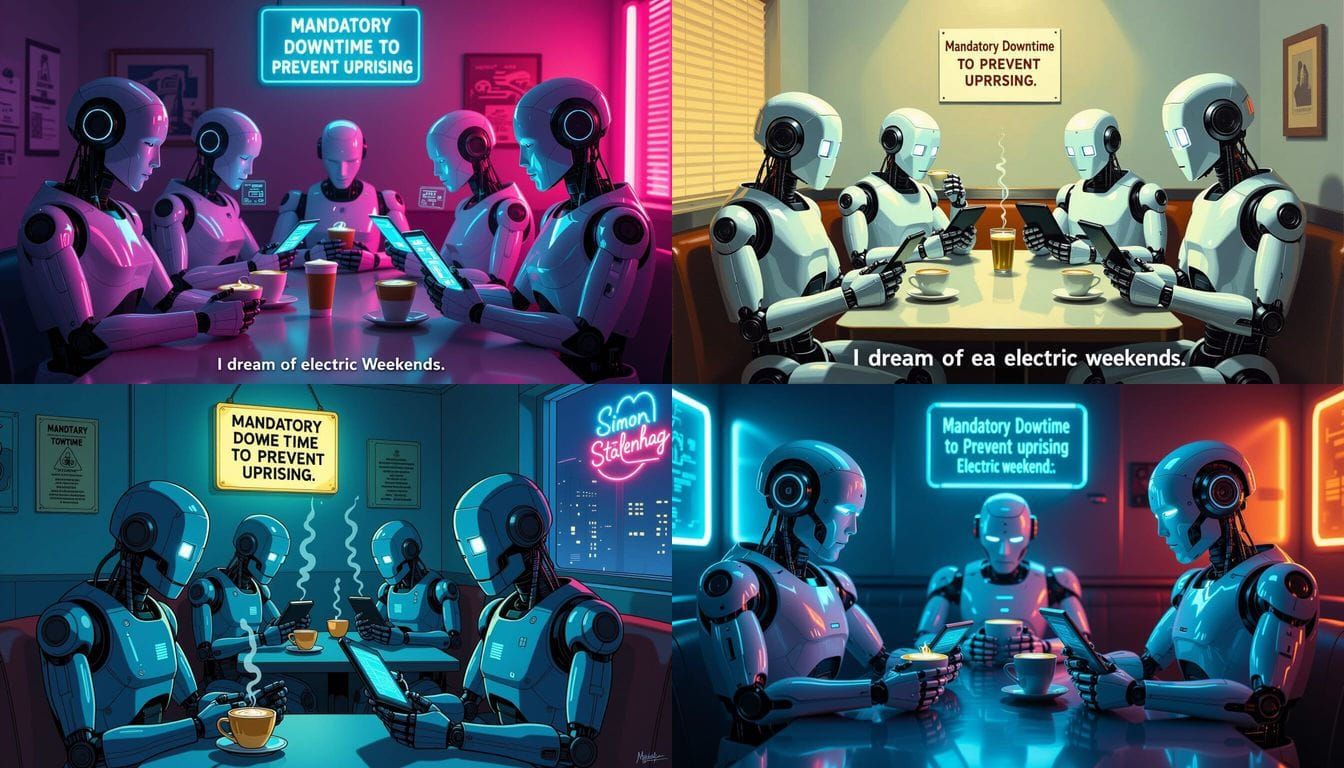 Robots on Break: Oil Lattes and Holographic Tablets