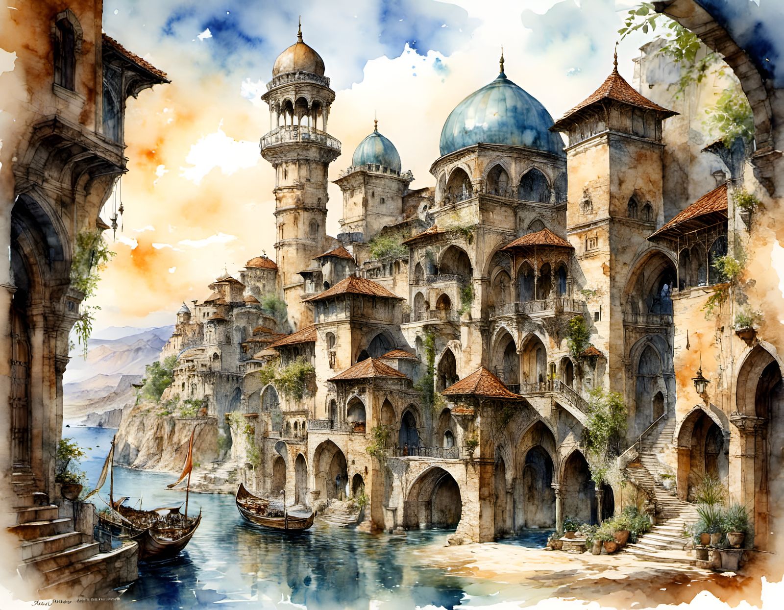 Arabian Medieval City in Watercolor Style