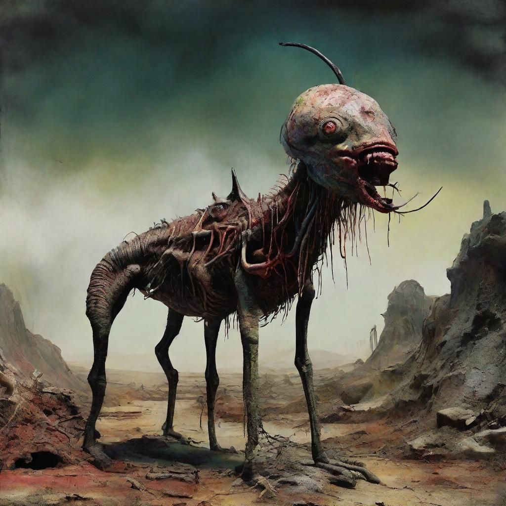 Deformed Alien Beast Emerging from Ruins: Grimdark Oil Paint...