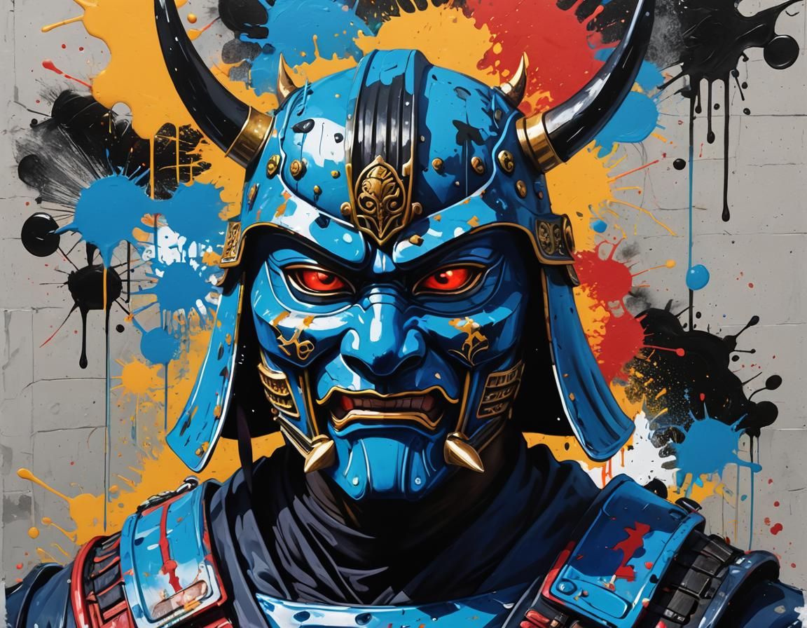 Blue Samurai Mask Graffiti Art Concept