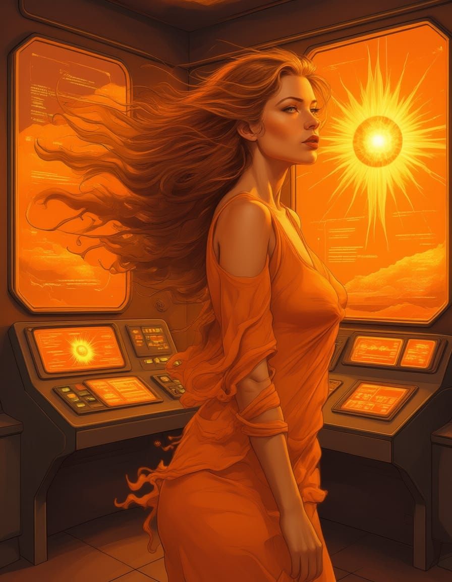 Orange Haired Woman At Sunset In Splash Art Style