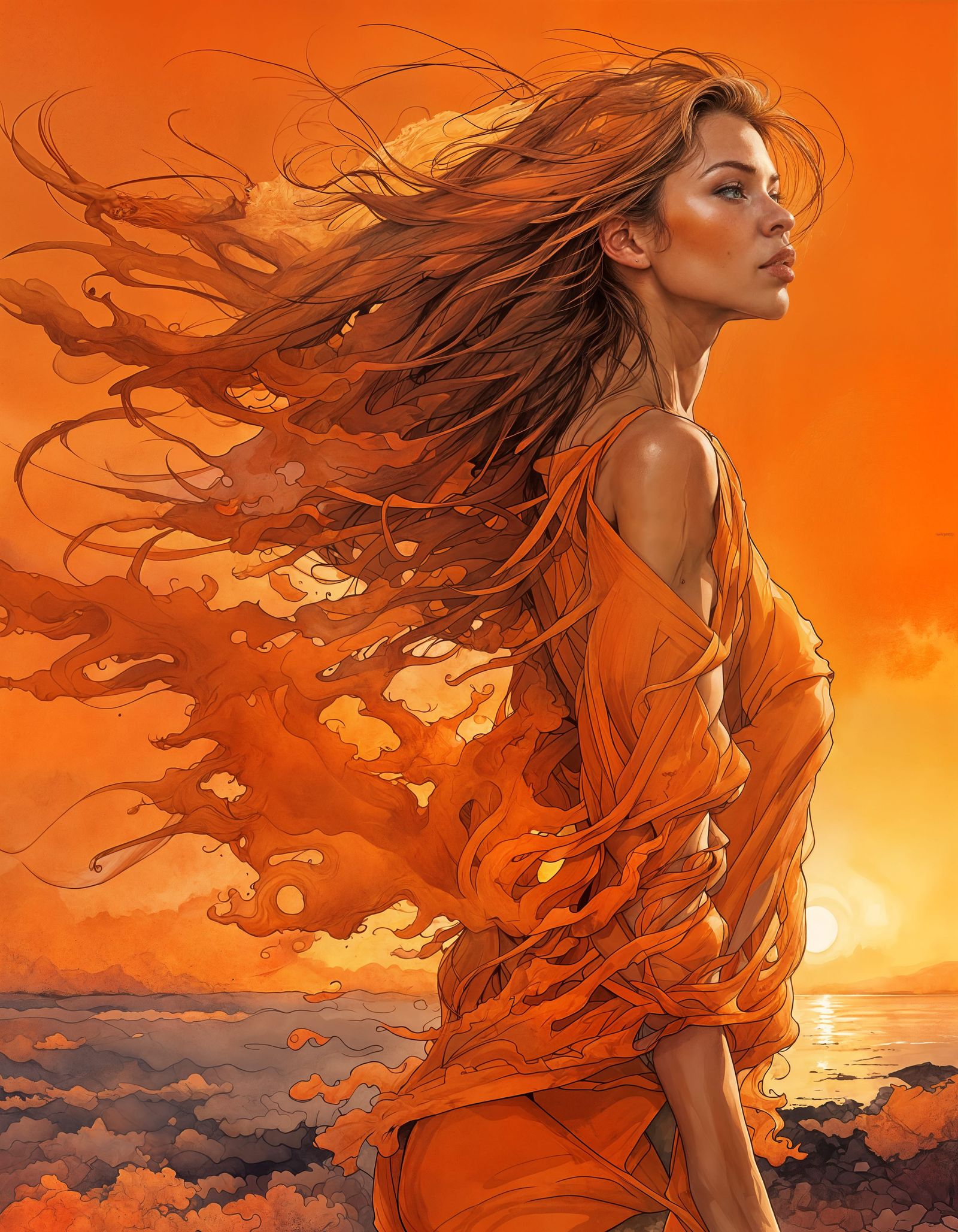 Orange Haired Woman Portrait in Sunset, Splash Art