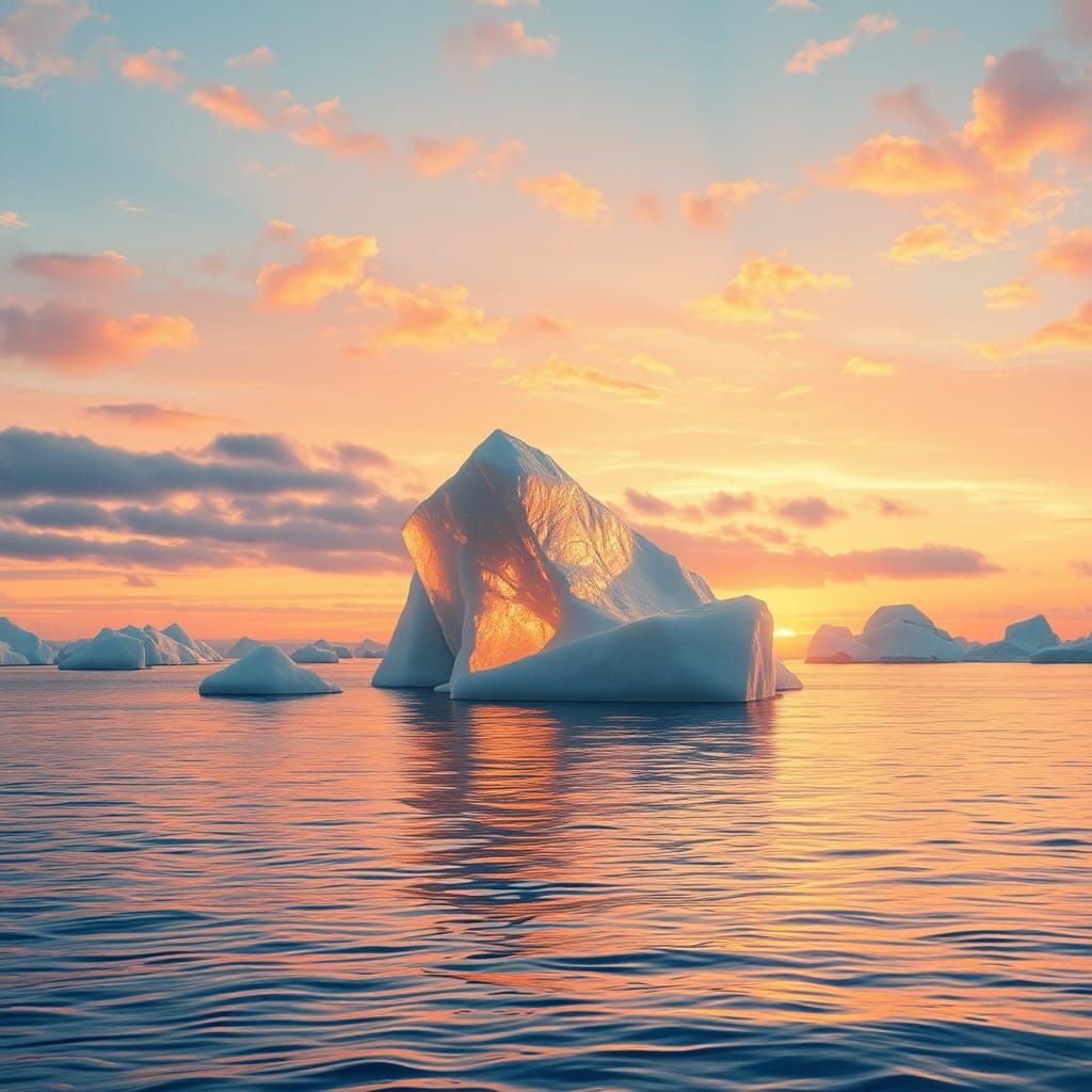 Golden Iceberg Floats at Sunset: Impressionist Landscape