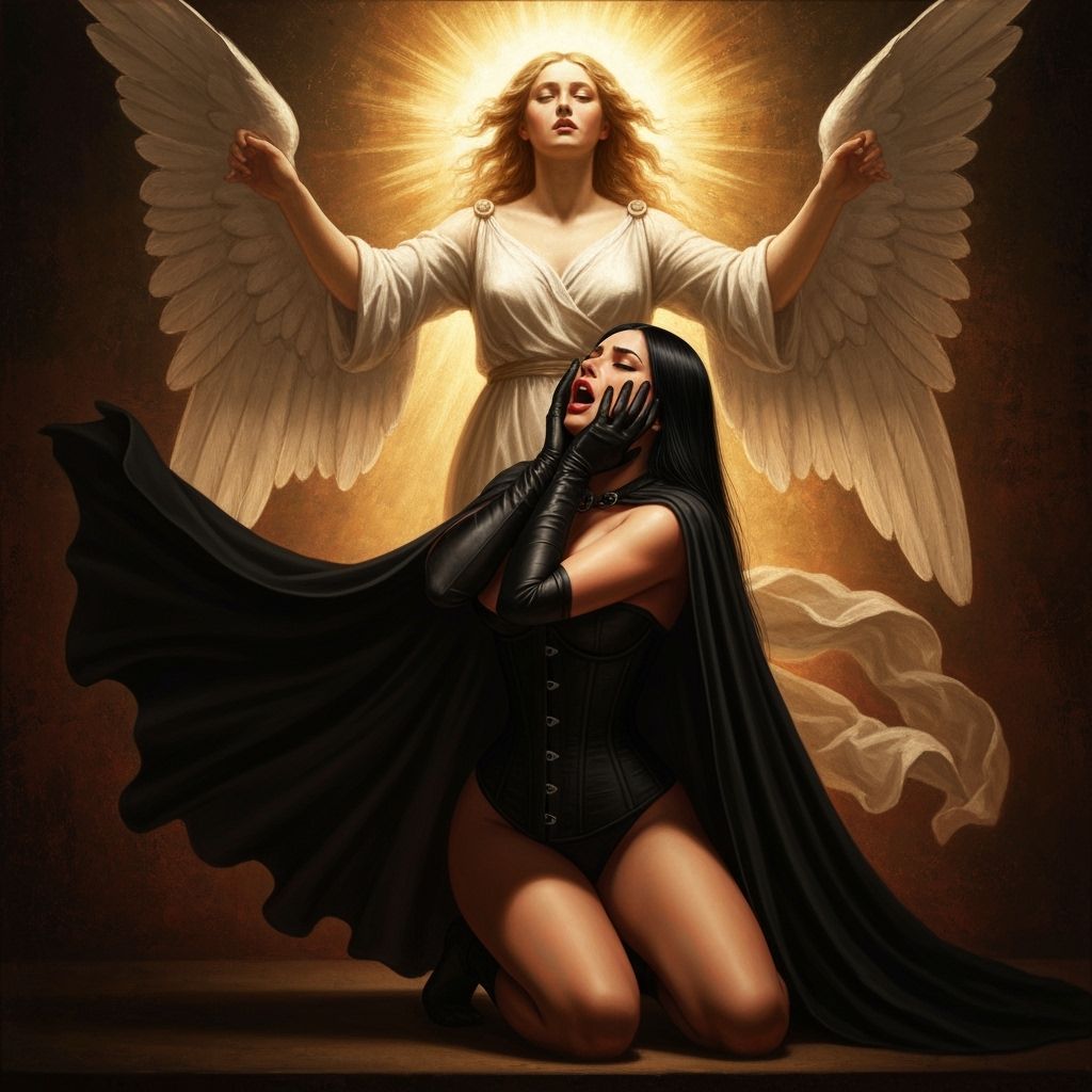 Baroque Painting of Woman's Silent Scream Before Angel