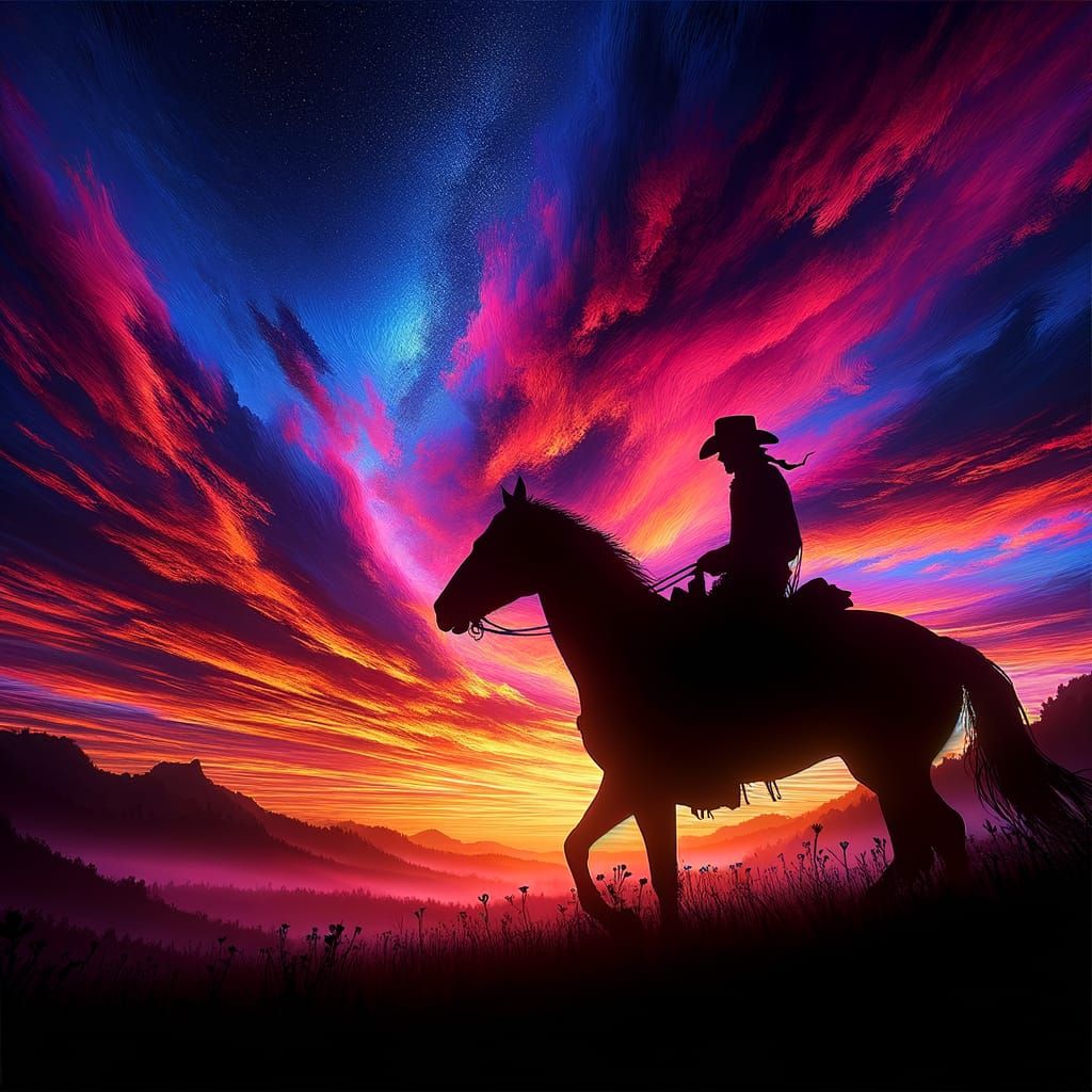 Cowboy Silhouette Rides Into Sunset Horizon