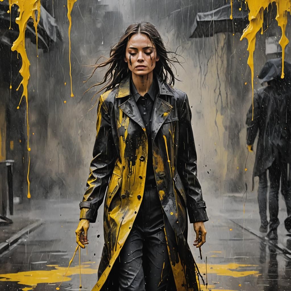 Melting Woman in Black and Yellow Rain
